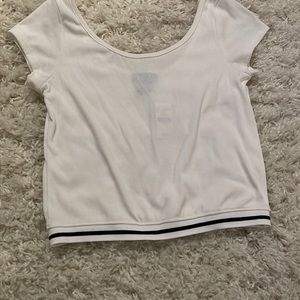 White Rib Short Sleeves T-Shirt Crop Top with Black Bottom Stripe